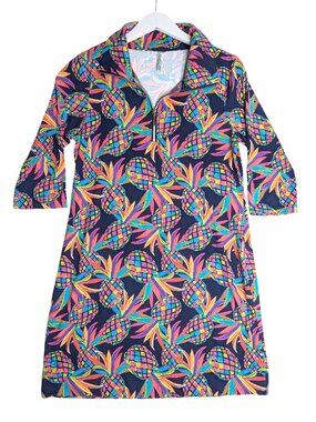Lulu B Half-Zip Pineapple Print Dress 3/4 Sleeve Navy Multicolor Size M